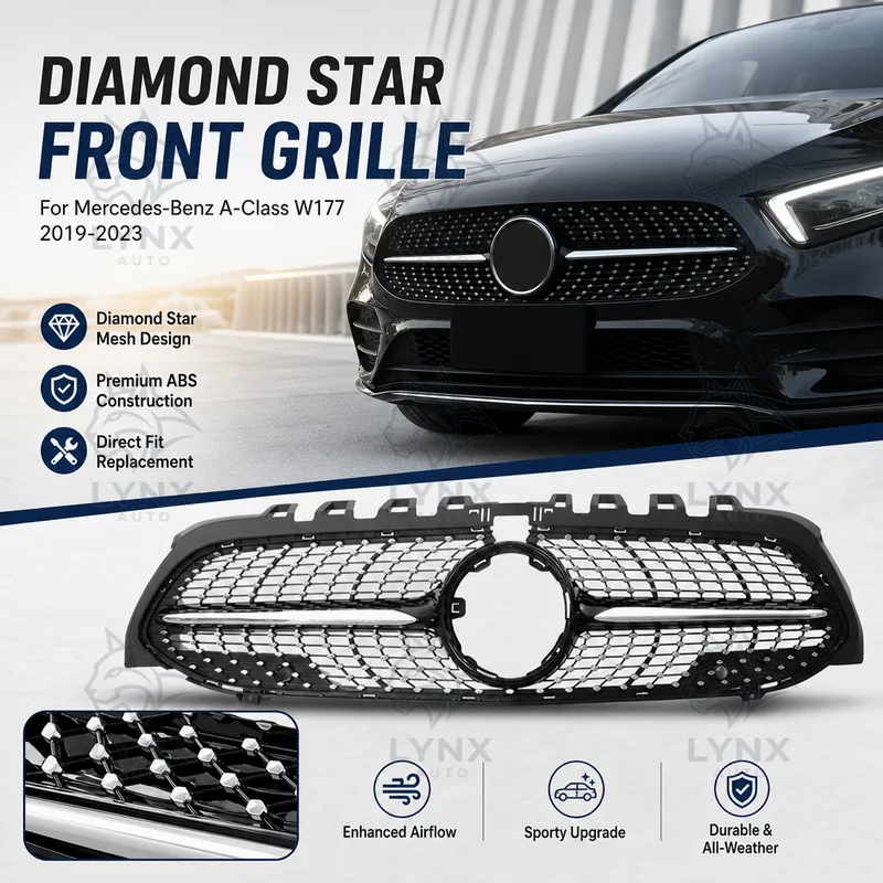 For Mercedes-Benz A-Class W177 2019-2023 Car Front Bumper Grille Diamond Star Mesh Meteor Black Radiator Style