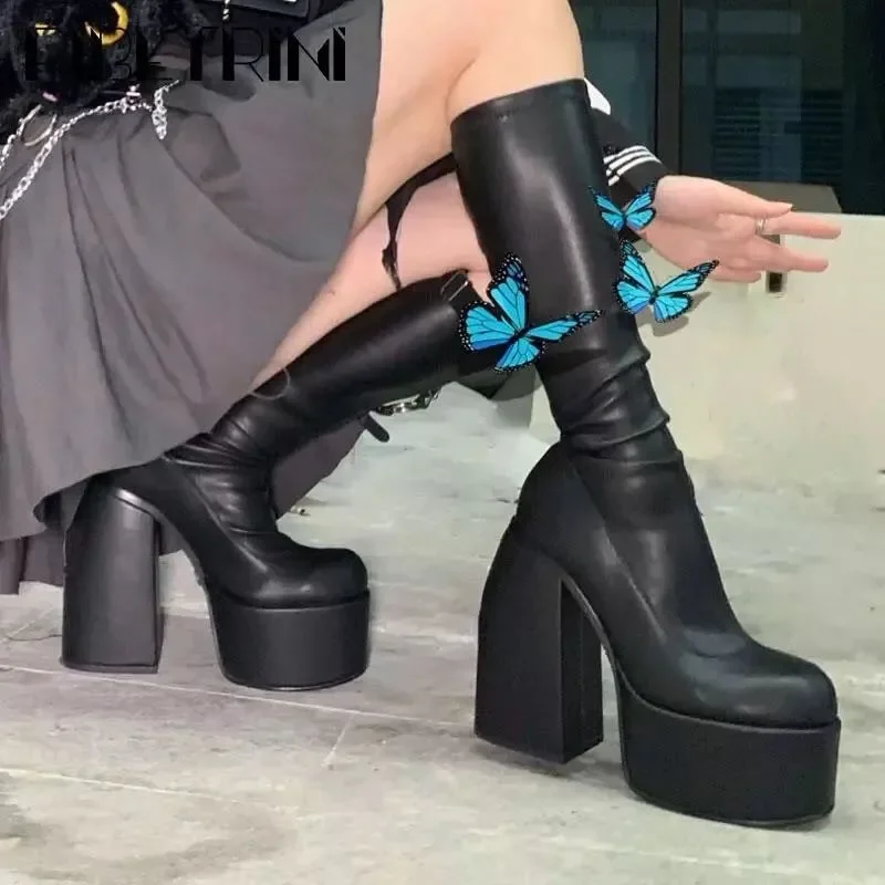 Botas góticas femininas com altura de joelho, sapatos estilo punk, bombas volumosas, plus size, rock, outono, roupas de inverno, novas