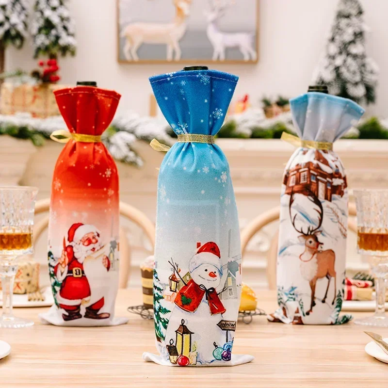 Santa Claus Snowman Elk Printed Wine Bottle Covers Christmas Decorations for Home Champagne Bottle Cover Table Decor Xmas Gift