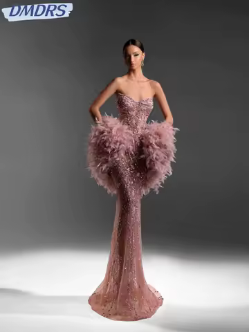 Gorgeous Embroidery Beaded Evening Dress With Feathers Shawl Sweetheart Neck Wedding Party Gown Customized Dreamy Prom Dresses