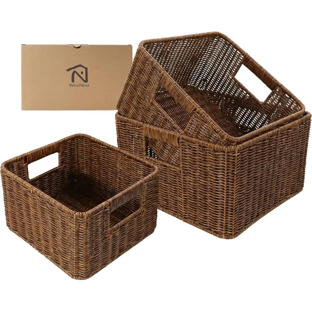 

Baskets with Handles, Wicker Storage, Shelf Boxes for Organizing, Decorative Resin, Set of 3, Toffee