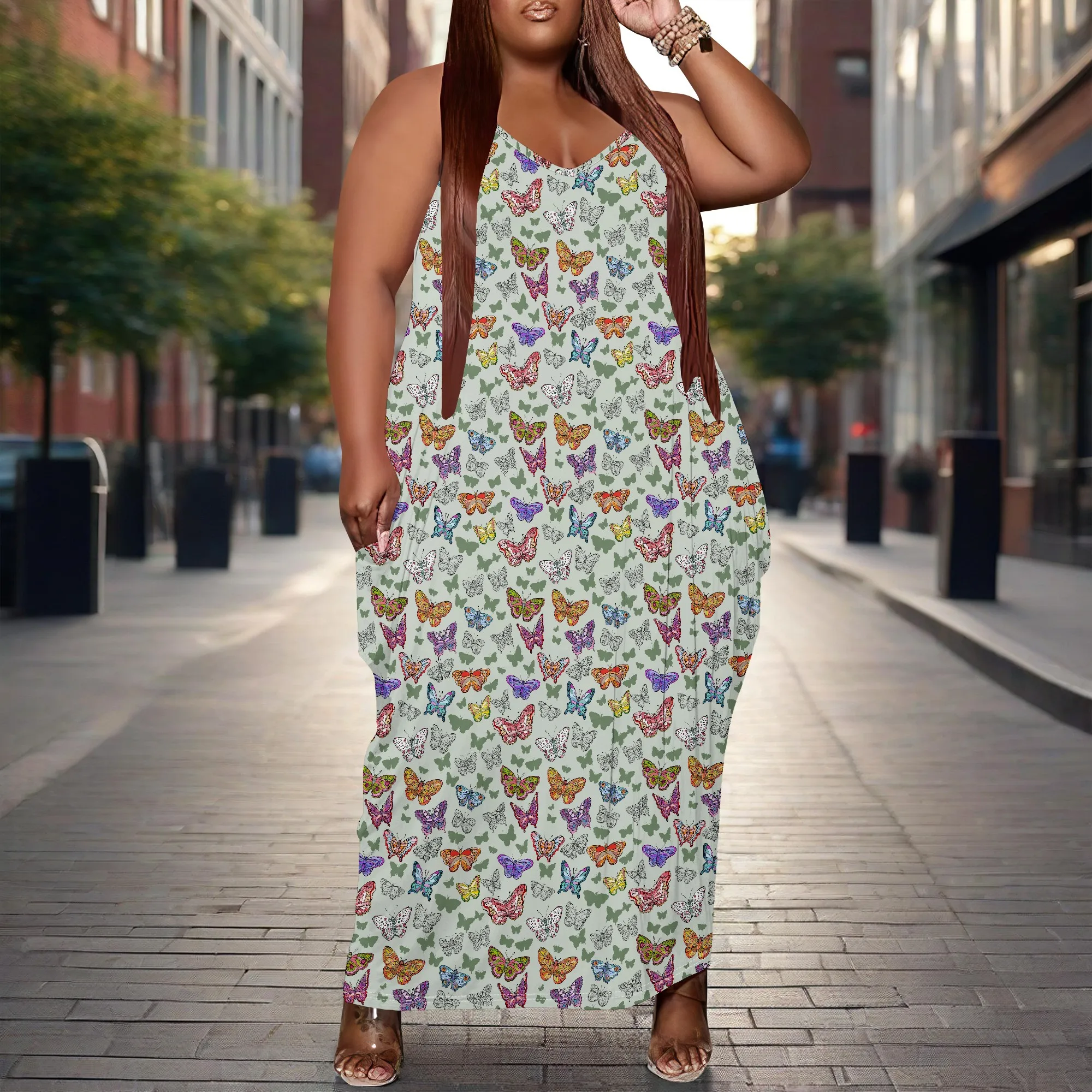 여성용 플러스 사이즈 드레스 포켓이 있는 루즈한 홀터 롱 드레스 통기성 소박한 나비 프린트 XL-6XL ​