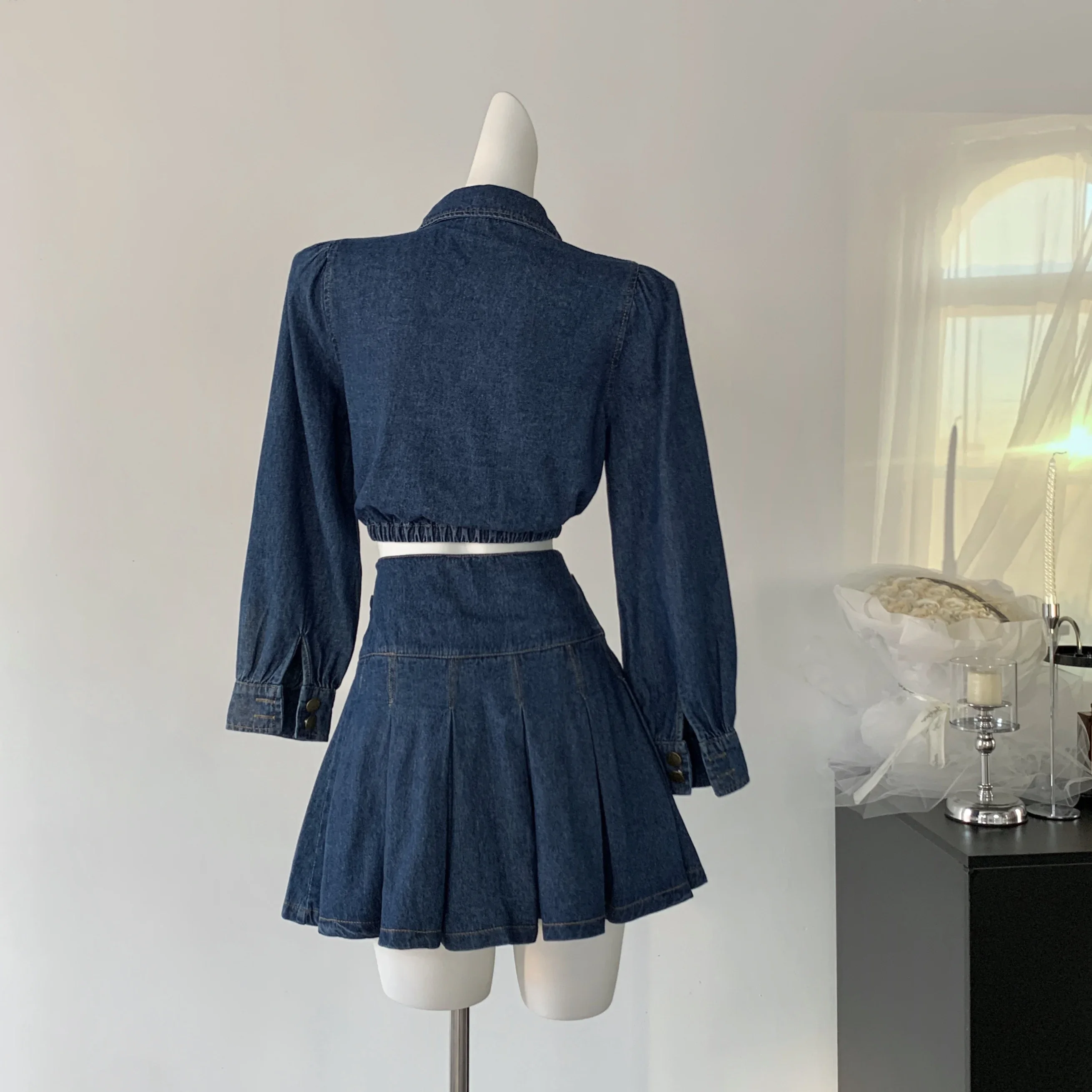 Autumn Winter Women Korean Y2k Denim Rave Vintage Outfits 2 Piece Set Long Sleeve Crop Shirts +Mini Pleated Skirt