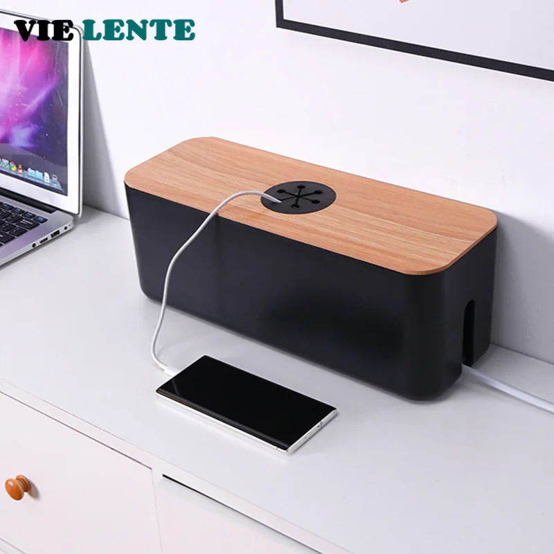 Wooden Cable Storage Box Power Line Storage Case Dustproof Charger Socket Organizer Wire Case Home Cable Winder Organizer