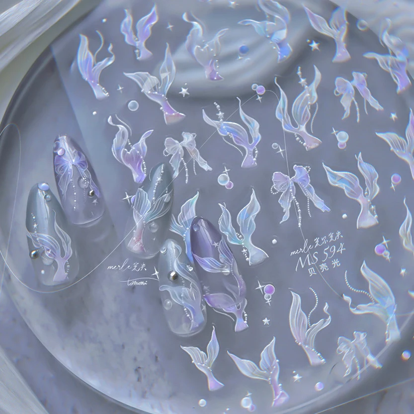 Shining Mermaid Tail Nail Stickers Holographic Shell Star 5D Decals Sea Animal Jellyfish Nail Art Sliders Scrub Summer Design