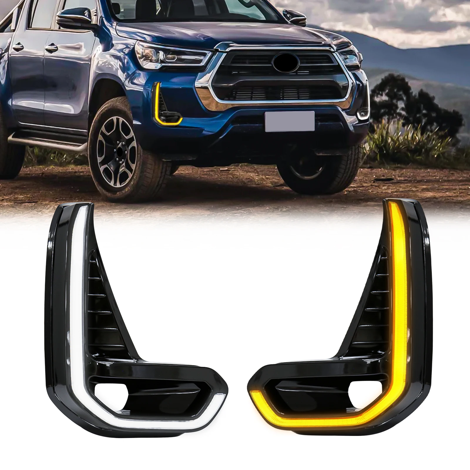 

Car Front Bumper LED Daytime Running Light DRL Fog Lamp Fit For Toyota Hilux Revo 2020 2021 Fog Lamp Turn Signal Accessories 12V