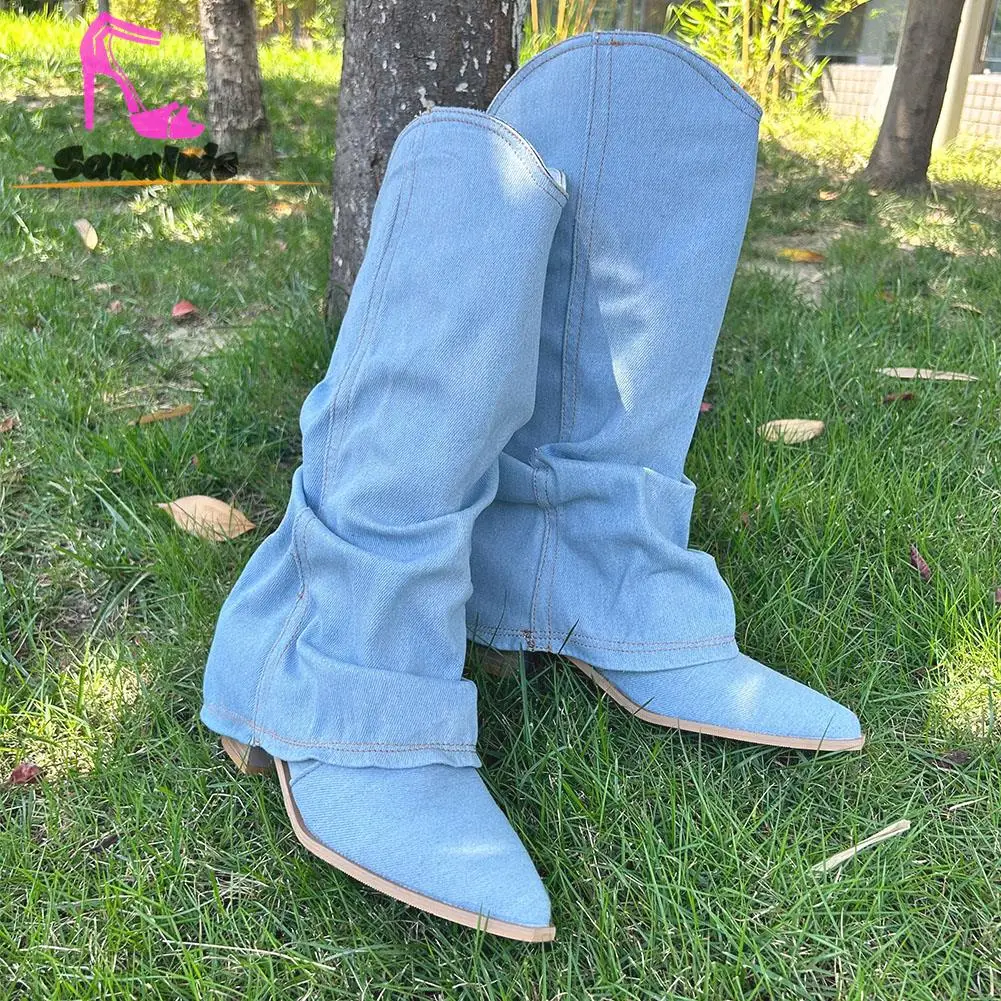 Cowboy Boots Women 2023 New Fashion European Style Pointed Toe Denim Mid Calf Boots Causal Dress Street Fashion Boots Elegant