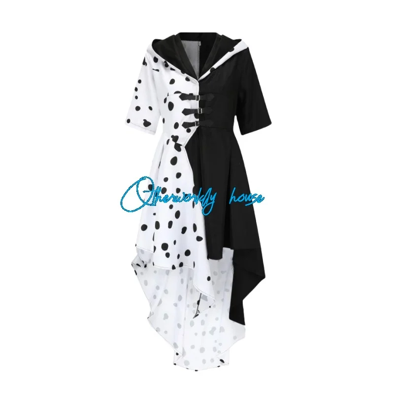 Cruella De Vil Cosplay Costume Girls Women Evil Madame Cruella De Vil Cosplay Black White Maid Dress Wig Halloween Party Costume