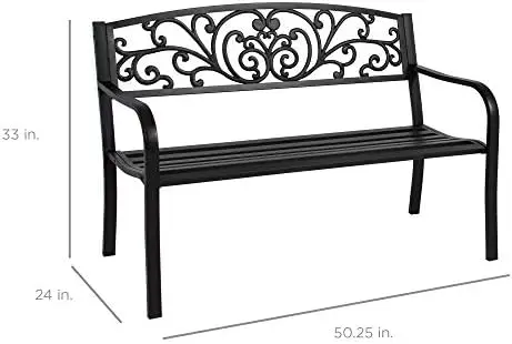 Outdoor Bench Steel Garden Patio Porch Furniture for Lawn, Park, Deck w/Floral Design Backrest, Slatted Seat - Black