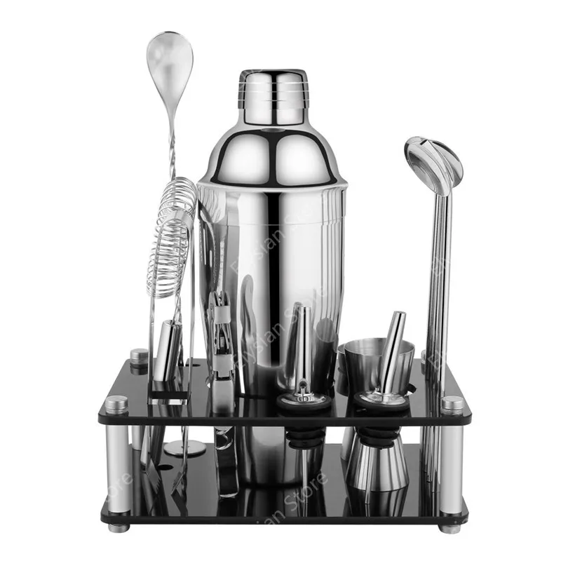 Acrylic Rack Bartending Set Stainless Steel Shaker Cocktail Bar Tools Full Set 14-piece Set