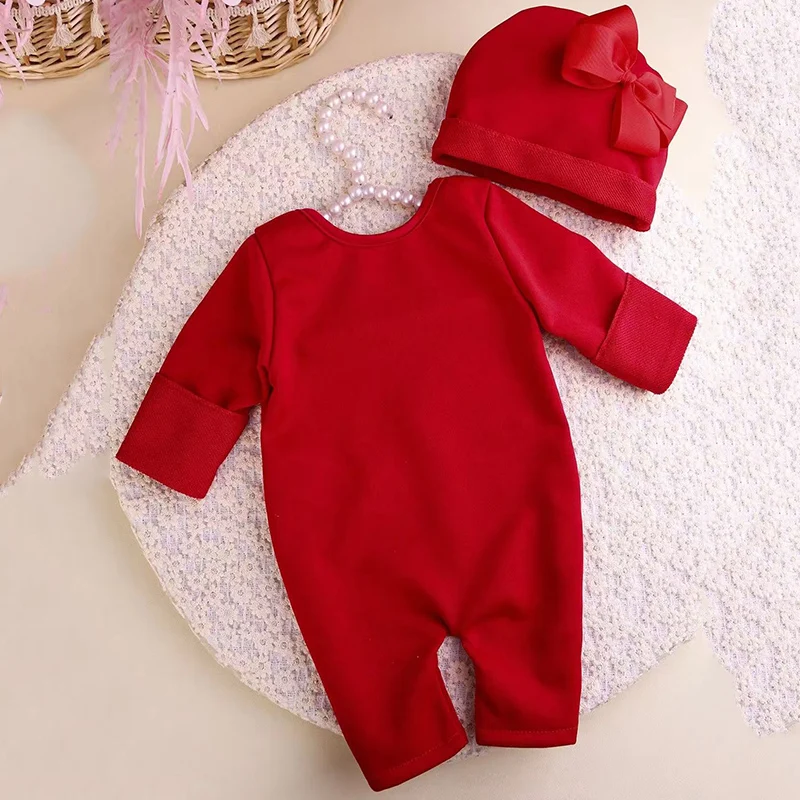 Ylsteed 2 قطعة التصوير الفوتوغرافي لحديثي الولادة طويلة الأكمام رومبير بذلة مع القوس قبعة التطريز ملابس الطفل التصوير الدعائم-HD