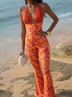 Women Halter Neck Lace Trim Floral Print Flared Jumpsuit Boho Spring Summer Vacation Beach Date Lightweight Flattering Jumpsuit - Image 5