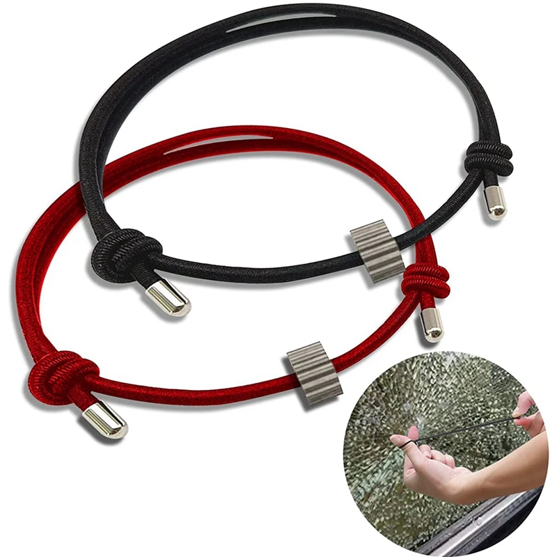 2Pcs Car Window Glass Breaker Bracelets With Tungsten Carbide Bead For Automotive Window Glass Emergency Tool,Black Red