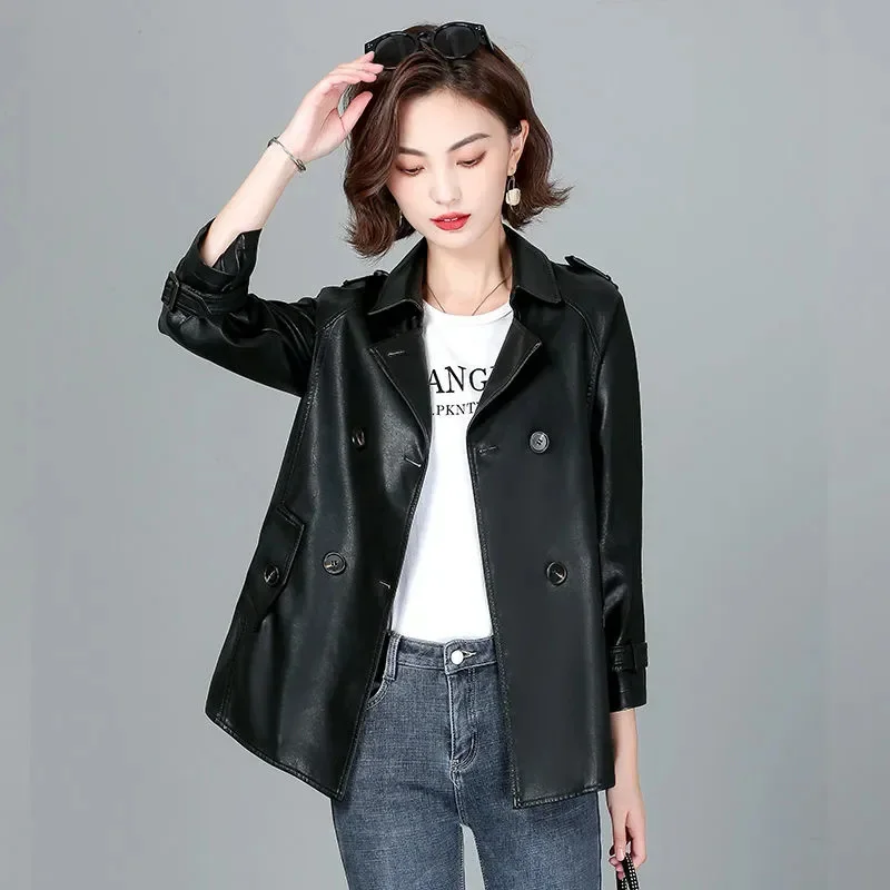 2025 Fall/Winter New Mother's PU Jacket: Women's Loose Fit Flattering Short Fit Versatile Turn-Down Collar Premium Leather Coat
