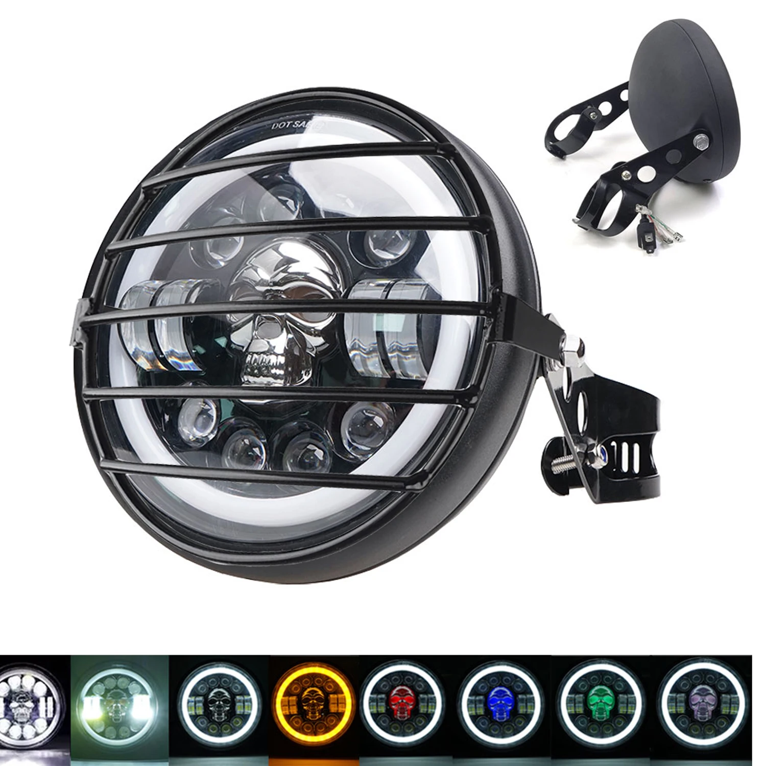 1Set 7inch Motorcycle Headlight LED Running Lamp 80W Colorful RGB Skull Angel Eyes For Harley Sportster Honda Vintage Cafe Racer