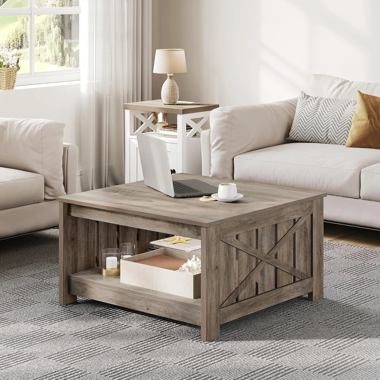 Farmhouse Coffee Table with Storage Rustic Wood Cocktail Table,Square Coffee Table for Living Meeting Room, Rustic Grey