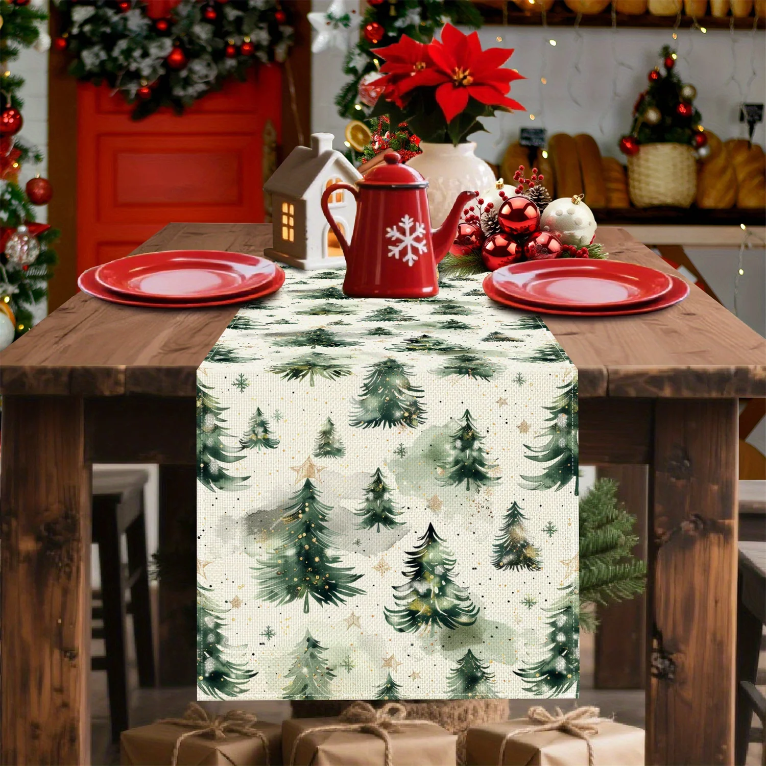 مفرش طاولة شجرة عيد الميلاد الاحتفالية باللونين الأخضر والأبيض لتزيين العطلات مع نجوم ذهبية للاستخدام الداخلي والخارجي وحفلات عيد الميلاد في ديسمبر #4