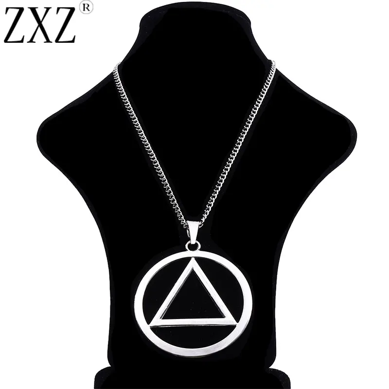 1 Piece Large Tibetan Silver Anonymous AA Recovery Sobriety Triangle Charm Pendant Long Chain Necklace 34