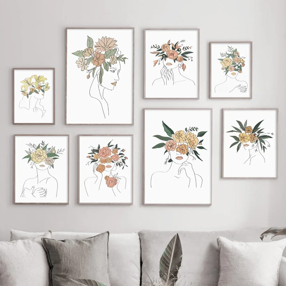 

Fashion Flowers Girl Line Drawing Abstract Wall Art Canvas Painting Nordic Posters And Prints Wall Picture For Living Room Decor