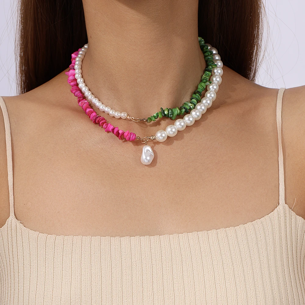 Aihua Trendige Perlenkette für Damen, modische Imitationsperlen, grüner Rosenstein, Choker-Halskette, Hochzeitsschmuck – Detail 1
