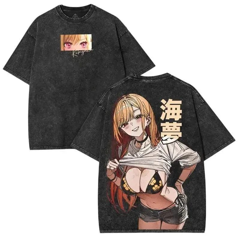 Marin Kitagawa Kanji Text Bikini Girl Back Grafikdruck-T-Shirt aus gewaschener, übergroßer Baumwolle, lässiges Streetwear-T-Shirt für Manga-Fans