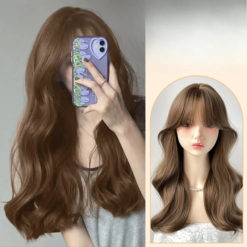 

Wig female long hair honey brown fashion big wave curly hair natural simulation high temperature silk full head cover wig