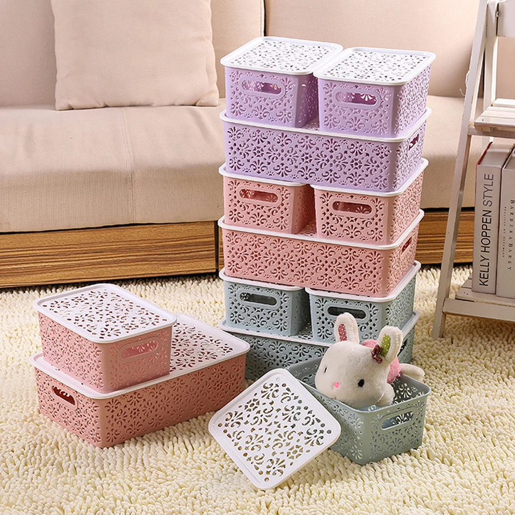 

Plastic Storage Box Stackable Storage Container Hollow Out Delicate Storage Basket With Lid For Clothes Toy Home Supply