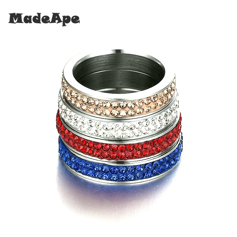 MadApe 3.5mm 2 Row CZ Zircon Wedding Ring Stainless Steel White Brown Blue Red Zircon Women Engagement Rings For Couple Jewelry