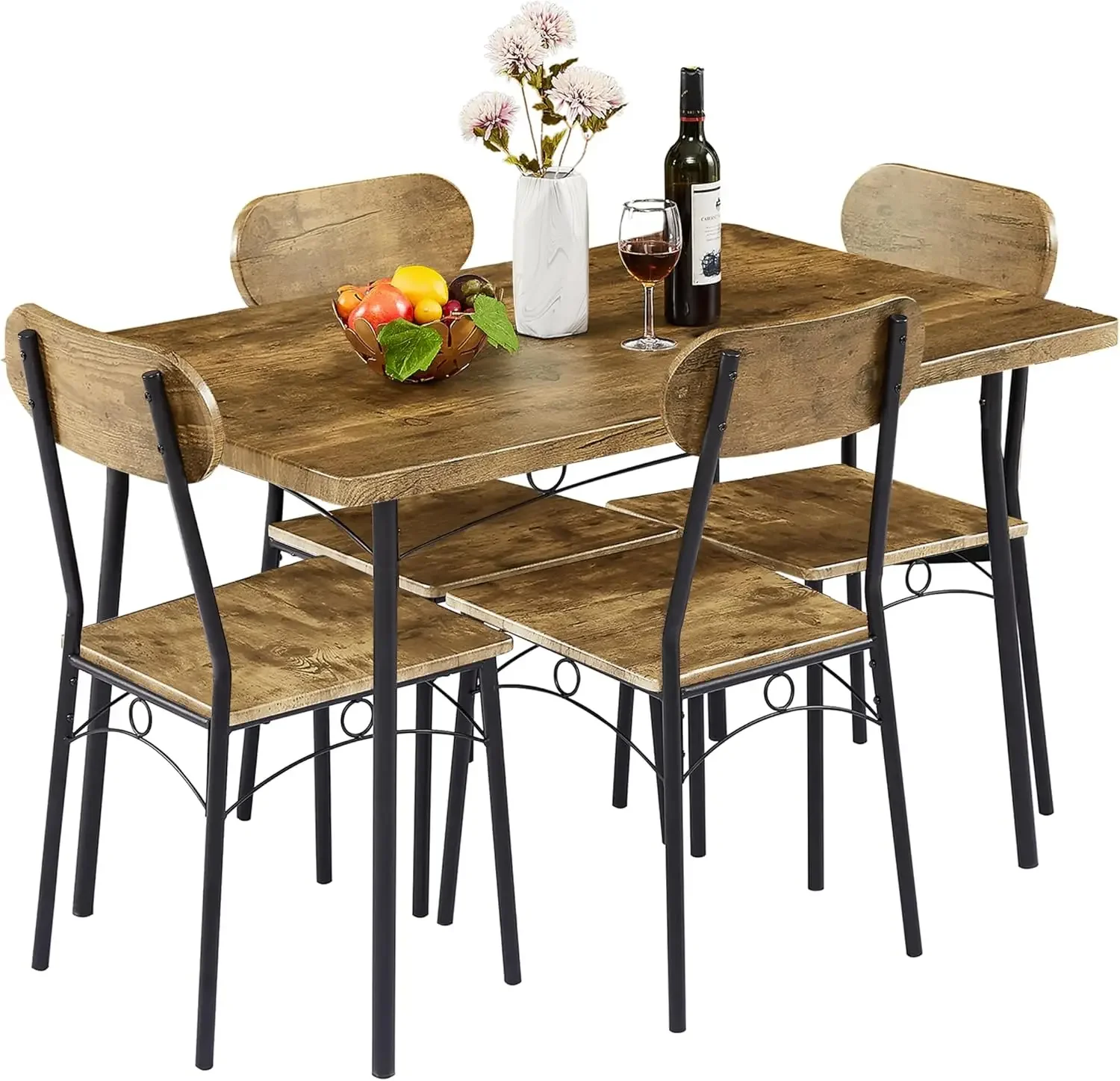 Dining Table Set for 4, 5 Piece Dinette with Chairs for Kitchen, Breakfast Nook and Small Space, Brown, 43.3