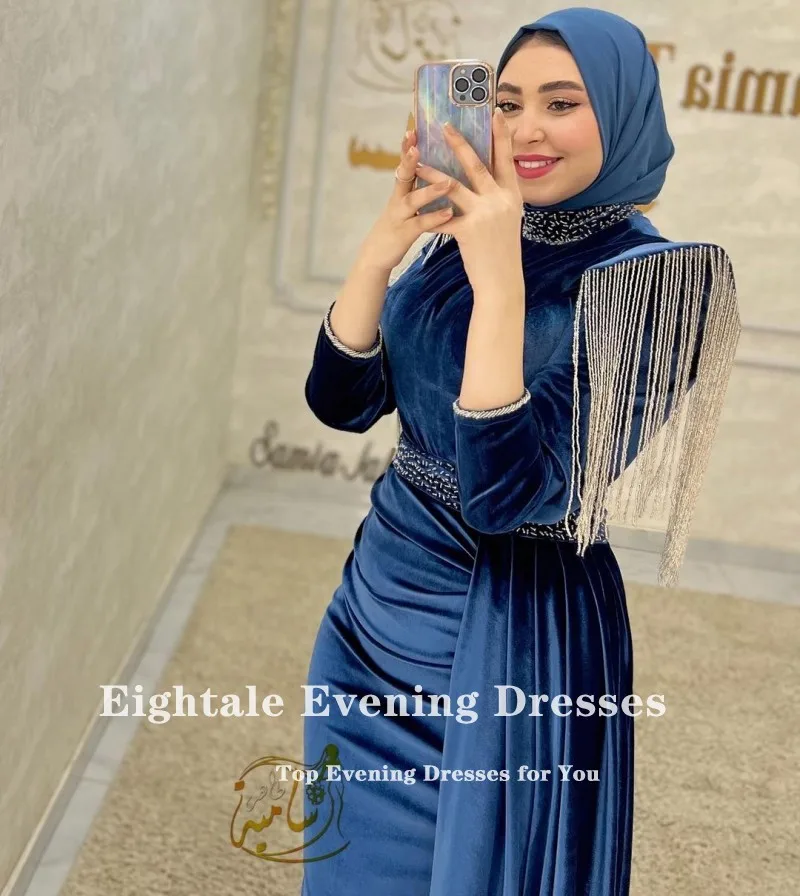 Eightale Arabic Evening Dresses Muslim Velvet High Neck Beaded Dark Blue Mermaid Prom Party Gown vestidos elegantes para mujer