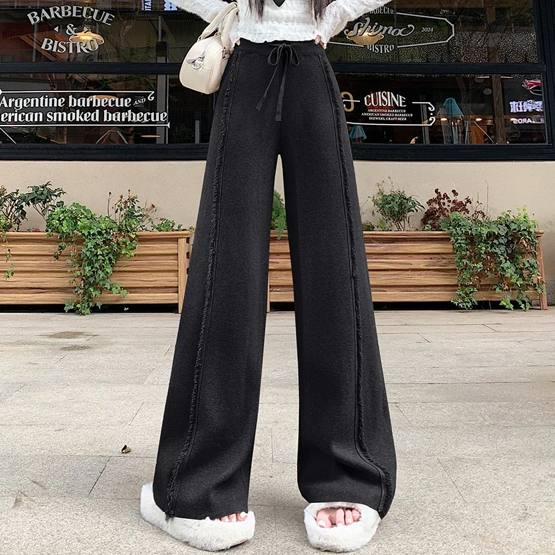 Autumn/Winter Knitted Fringe Straight Wide-Leg Trousers Women Casual Solid Design Sense Floor-Length Trousers Pregnancy
