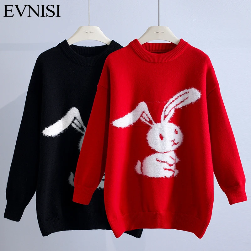 EVNISI Red Vintage Sweater Rabbit Jacquard Casual Loose Long Pullovers Knitted Jumpers Spring Autumn 2023 Harajuku Tops