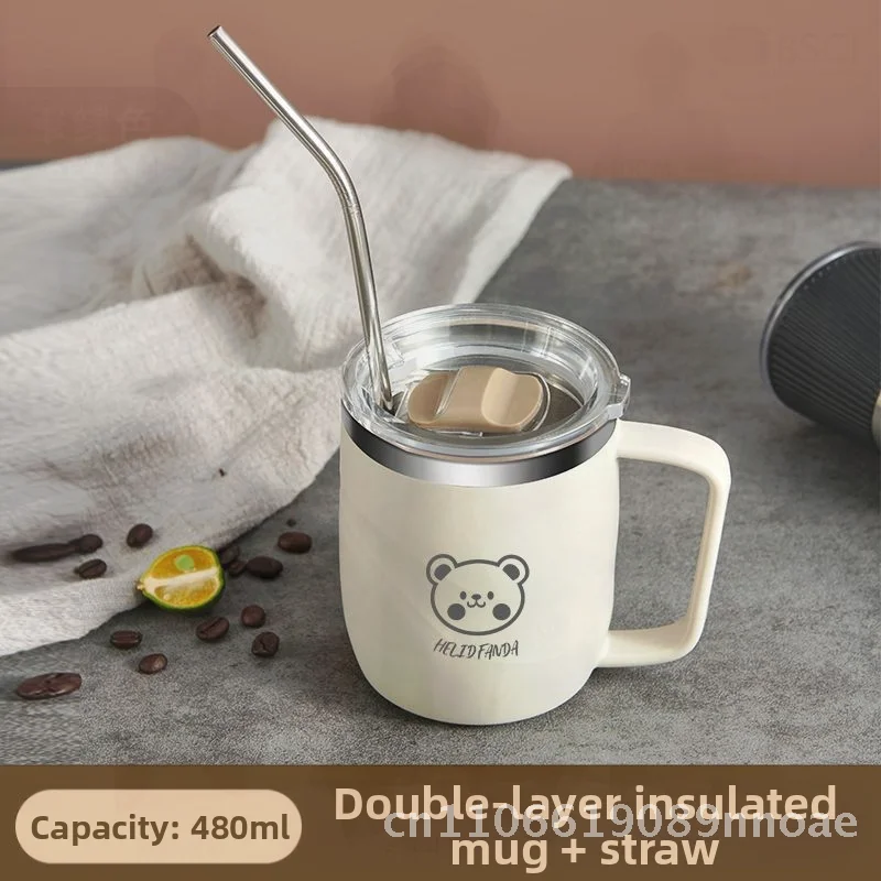 

304 Stainless Steel Double-Layer Mug with Lid - Heat Insulated Anti-Scalding Water Cup Creative Coffee Thermos Off-White 480ml