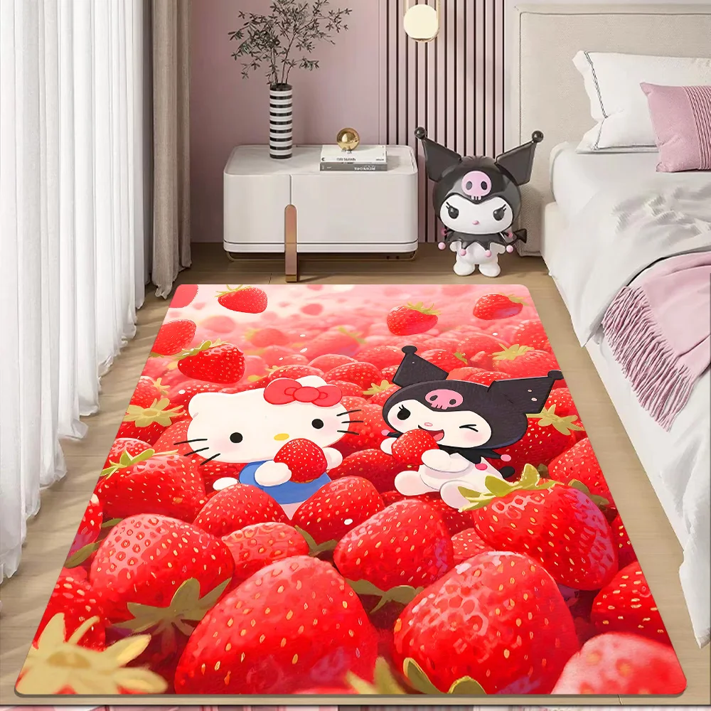 Tapis de chambre d'enfants fond de fraise Kitty & Kuromi lavable tapis de cuisine antidérapant paillasson d'entrée tapis de salle de bain tapis de bain