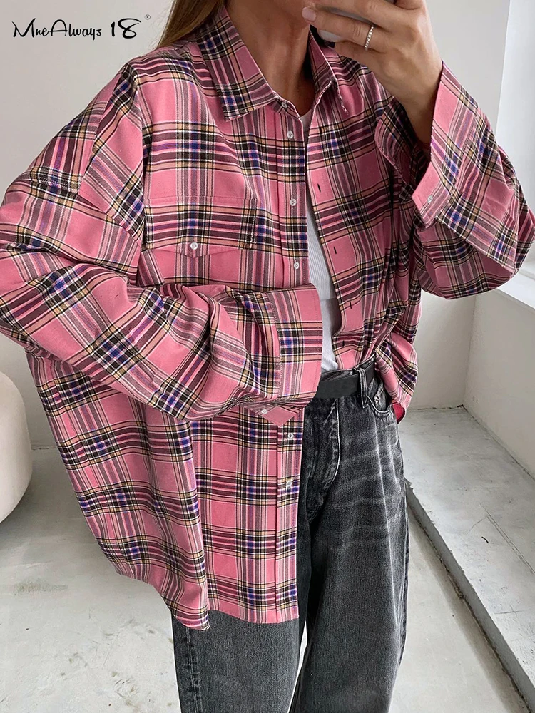 Mnealways18 Pink Plaid Shirts And Tops Women Street Wear Gingham Casual Long Sleeve Top Single-Breasted Oversize Shirt Ladies