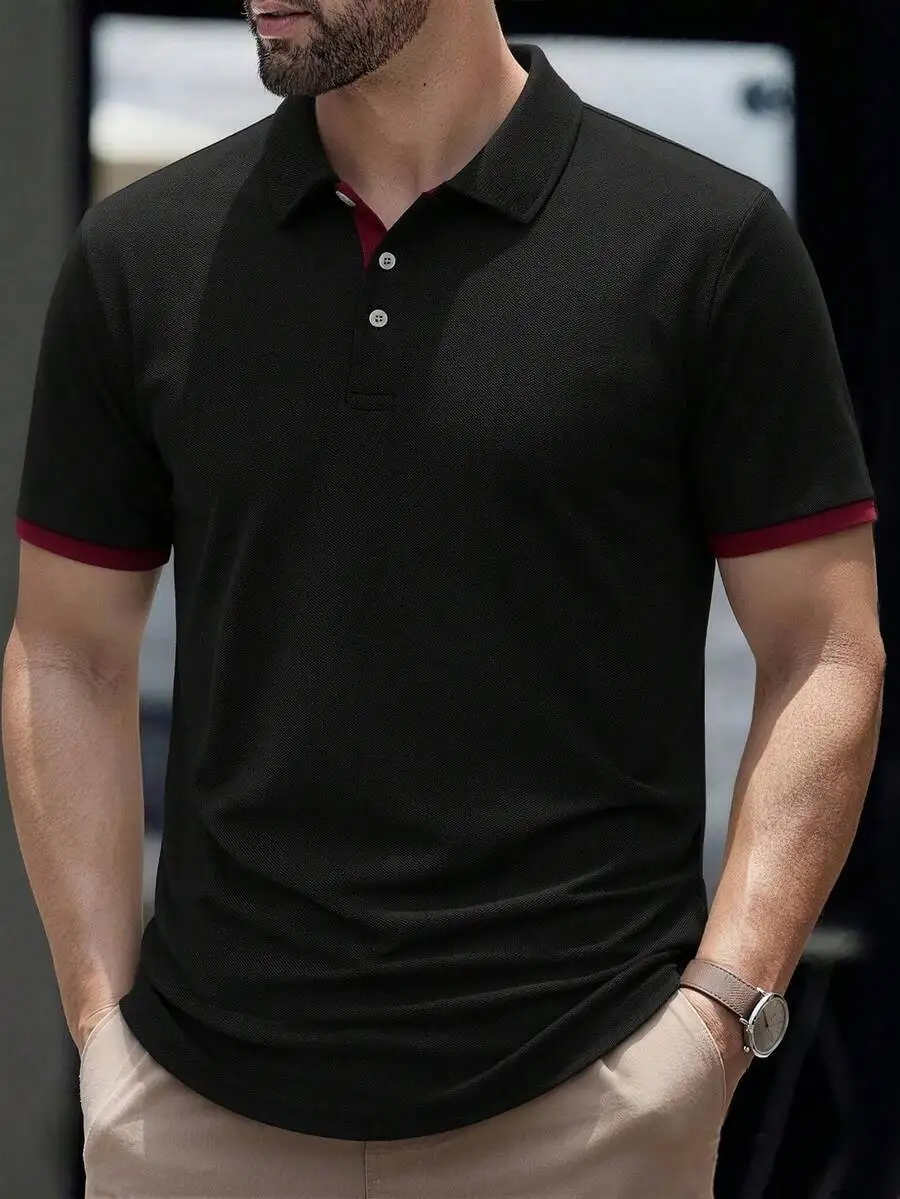 

Mens Black Pique Shirt With Contrast Red Trim Collar And Cuffs Short Sleeve Casual Top