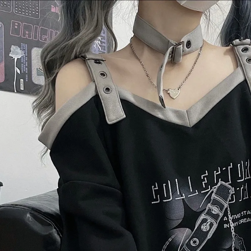 Subculture Sweet Cool Black Harajuku Hoodie Women Loose Long Sleeve Top Off Shoulder Sexy Y2k Gothic Punk Grunge Sweatshirts