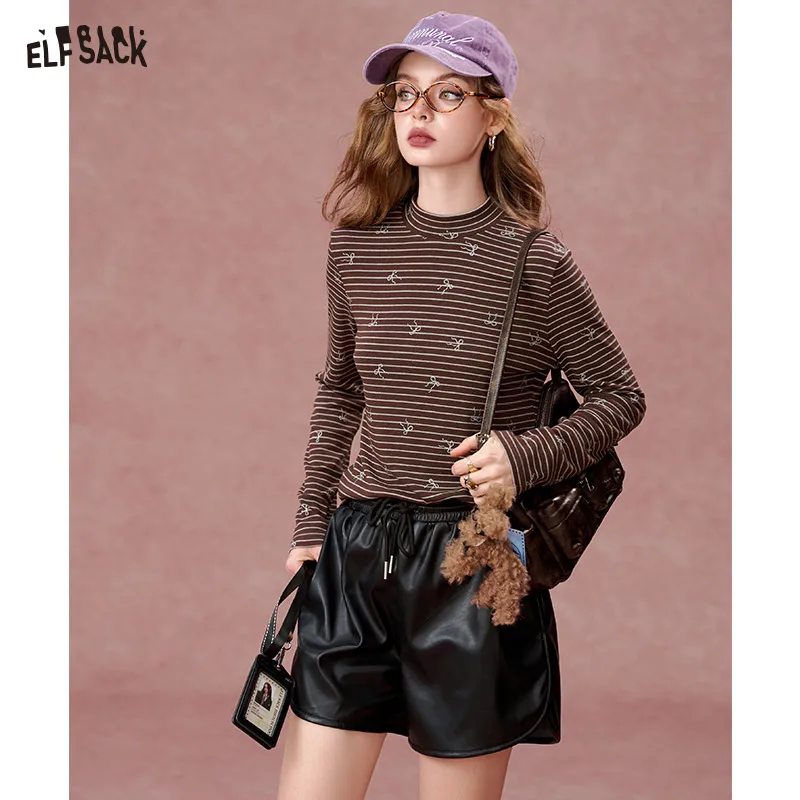 ELFSACK 2024 Autumn New Arrivals Love Embroidery Half-High Neck Striped Long Sleeve T-Shirt for Women