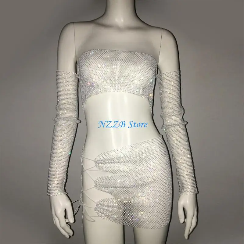 

T21F Women Rhinestones Strapless Tube Top and Skirt Arm Sleeve Cover Up Set