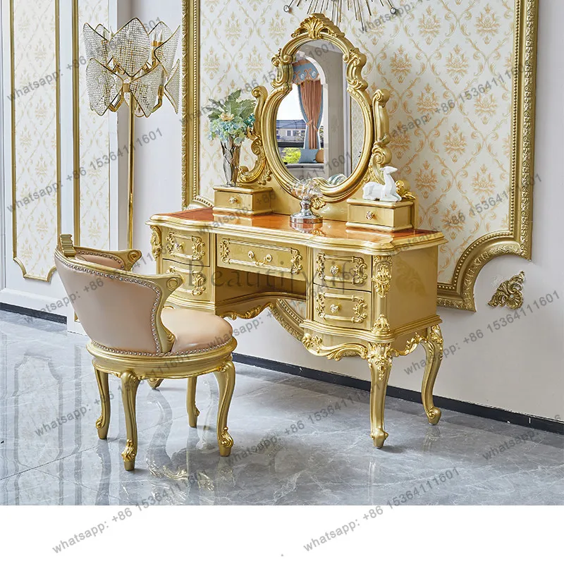 Large apartment makeup table mirror European luxury solid wood luxury French storage integrated cabinet