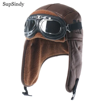 SupSindy Men Winter Bomber Hat With Goggles Outdoor Motorcycle Windproof Warm Faux Fur Pilot Earflap Hat Leather Thermal Ushanka