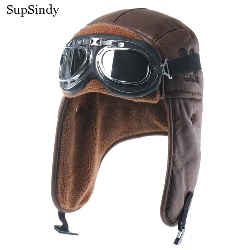 Imagen 1 del producto SupSindy Ushanka-Sombrero de bombardero con gafas para hombre, gorro de piloto con orejeras de piel sintética, cálido, a prueba de viento, térmico, de cuero, al aire libre para motocicleta, Invierno