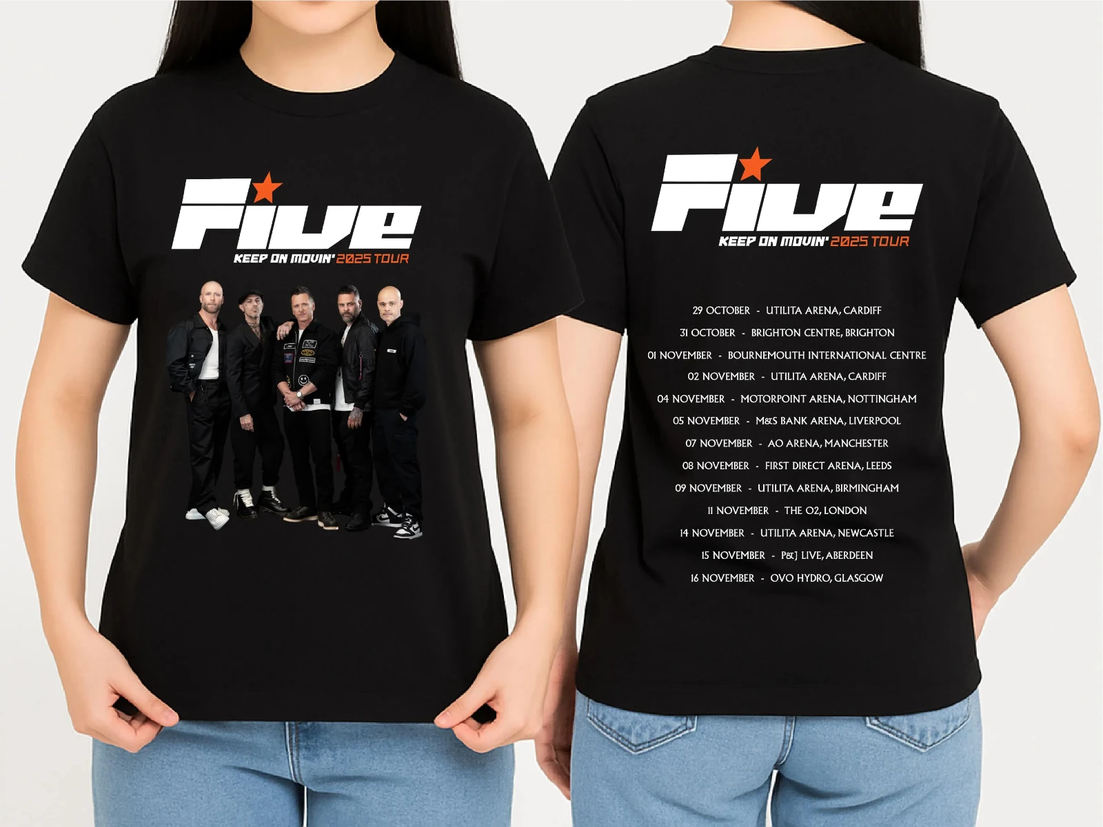 خمسة صبي إبقاء على جولة Movin 2025 الجبهة الخلفية مطبوعة خمسة صبي الفرقة الحفلة قميص الحفل عاشق المحملة الأعلى مهرجان الموسيقى تي شيرت
