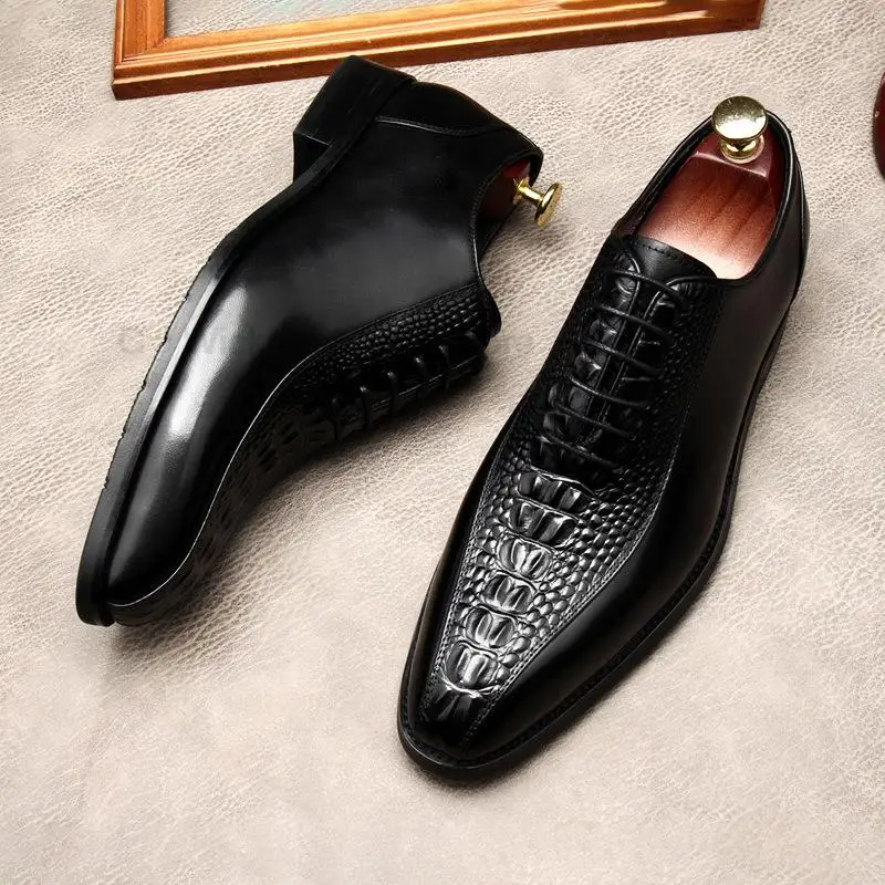 

HKDQ Men Genuine Leather Shoes Blue Black Crocodile Shoes Lace Up Luxury Men Dress Shoes Office Wedding Oxfords Shoes For Men