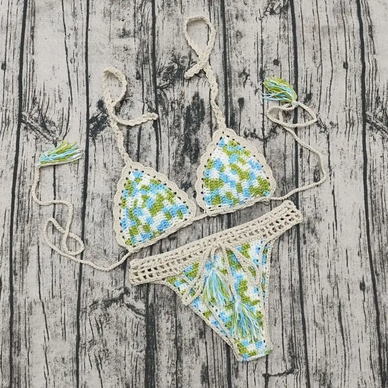 L38F Women Halters Swimsuit Female Two Pieces Swimwear Handmade Crochet Bathing Suit Sexy Backless Swimsuits for Beachwears
