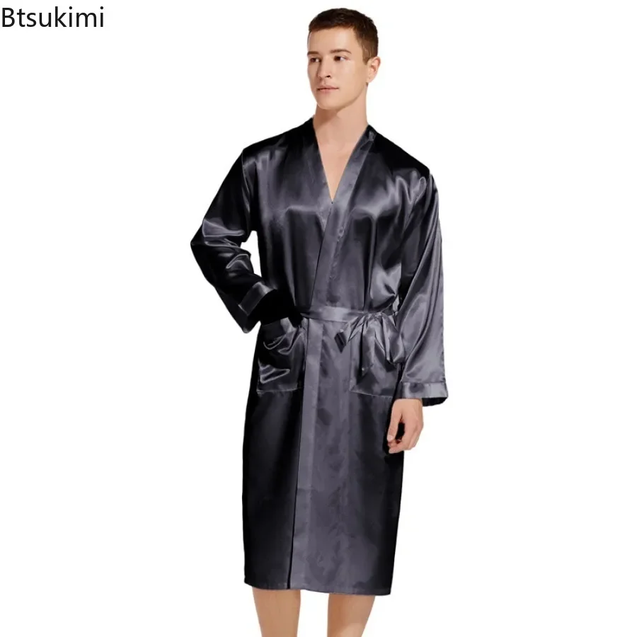 New 2025 Men\'s Long Robes Faux Silk Soft Home Bathrobe Plus Size Nightgown for Men Solid Loose Homewear Men Satin Pajamas Dress