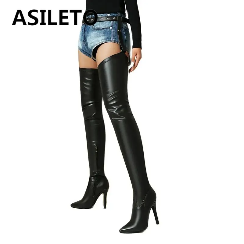 

ASILETO пикантные женские сапоги до бедра с острым носком на шпильке 10 см, брюки с застежкой-молнией и пряжкой, Bota, большие размеры 47 48, вечерние клубные туфли