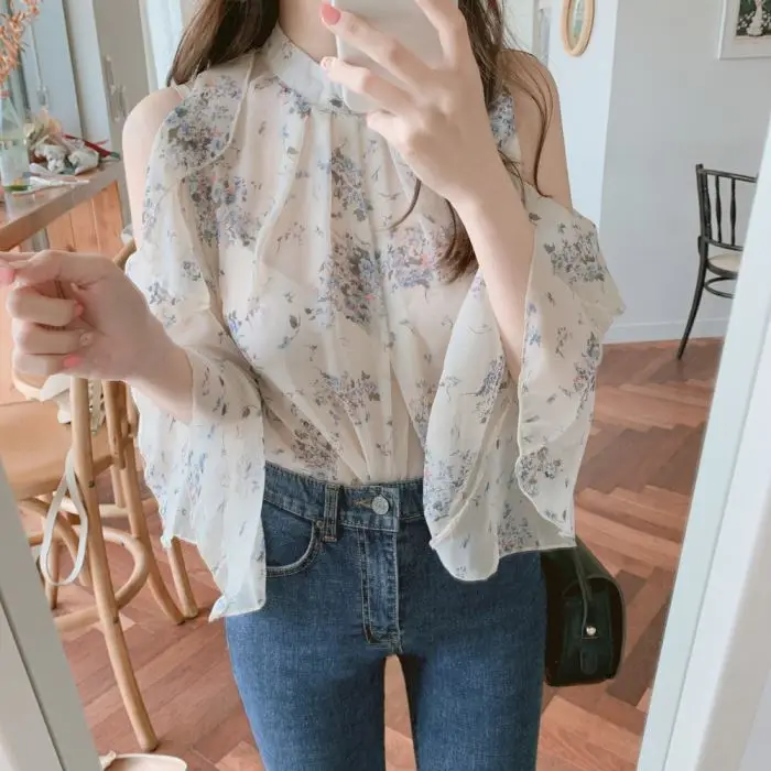 Large French Style Chic Ruffle Edge Off Shoulder Floral Chiffon Shirt with Women\'s Design Sense Niche Top