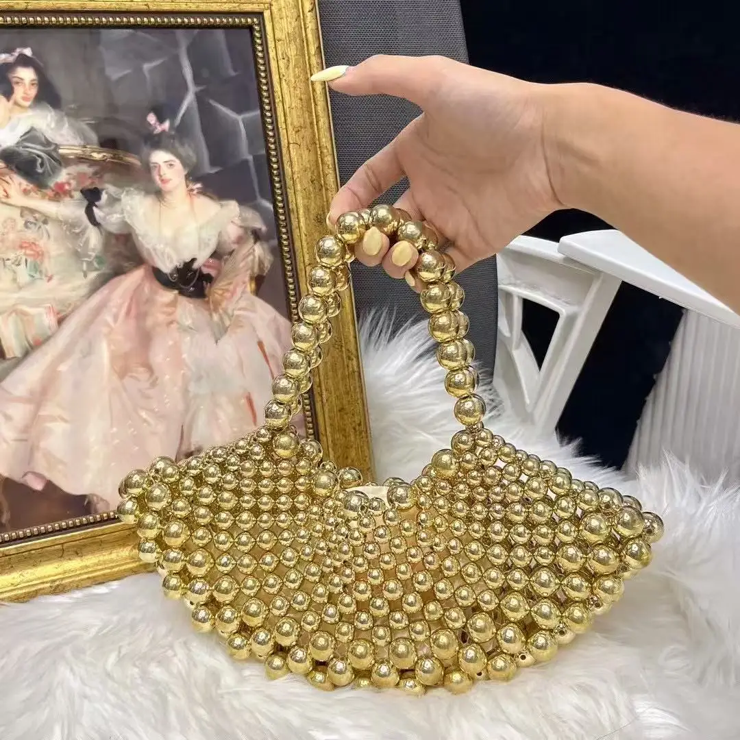 

Gold Beads Beaded Woven Handmade Fan Bag Fashion Glitter Shiny Beads Beading Hollow Out Women Handbag Luxury Clutch Purse
