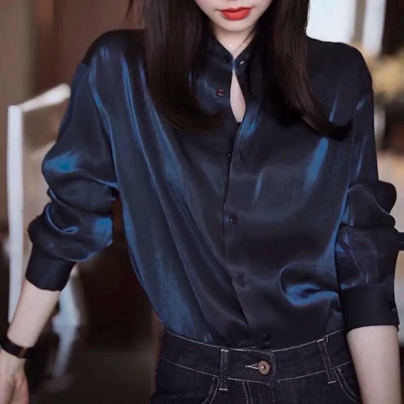 Ladies Spring Office Lady Buttons Silk Slim Square Collar Lapel Long Sleeve Women Shirts Women Clothes Casual Navy Blue Shirts